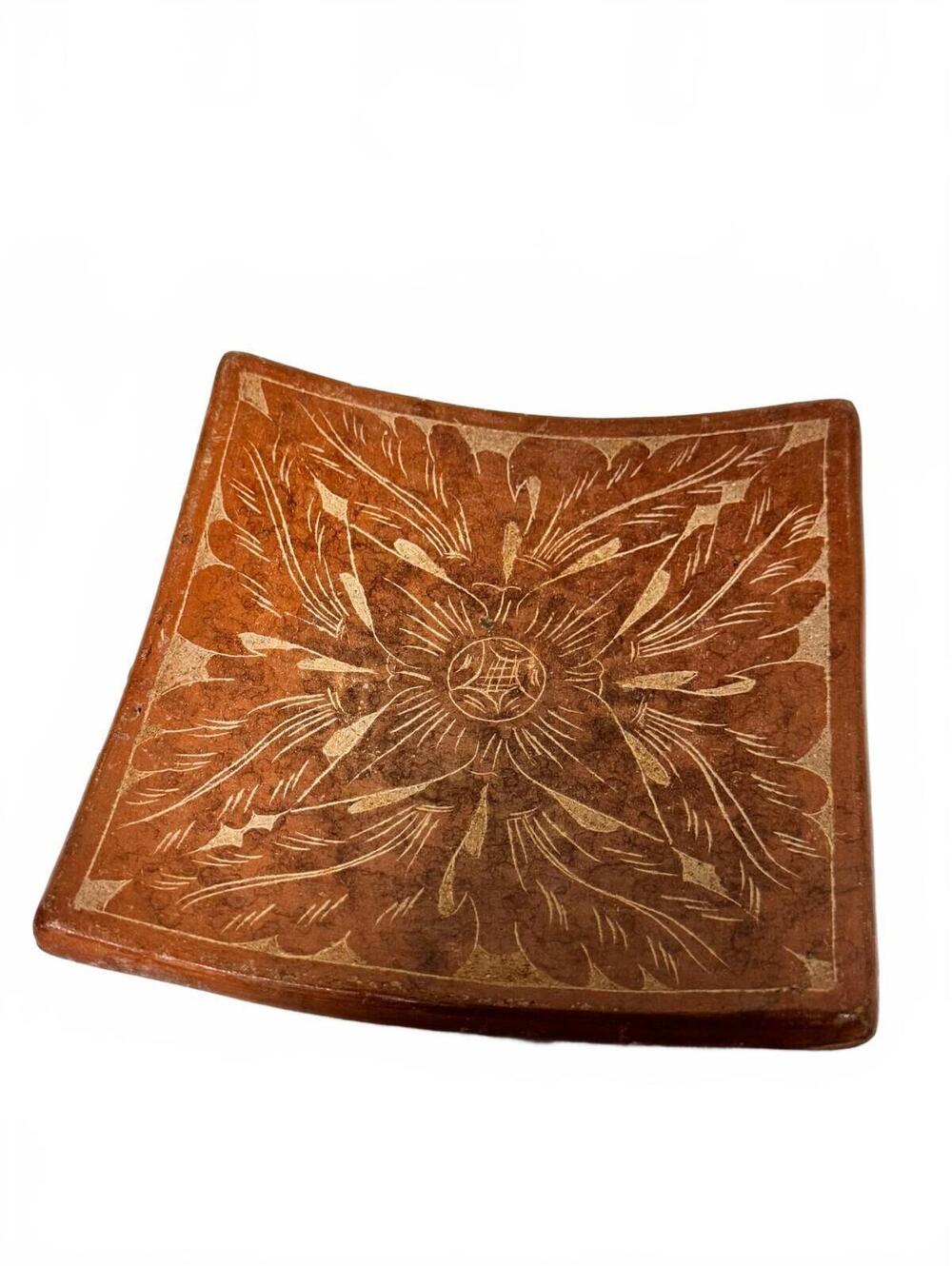 Square Brown Pottery Dish Incised Floral Design 6 Inch